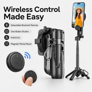 5-In-1 Extendable Selfie Stick Tripod, Bluetooth-compatible Remote Phone Holder, 360° Rotation, Mini Portable Stabilizer for iPhone Android, Tiktok Live, Vlog, Selfies & Travel