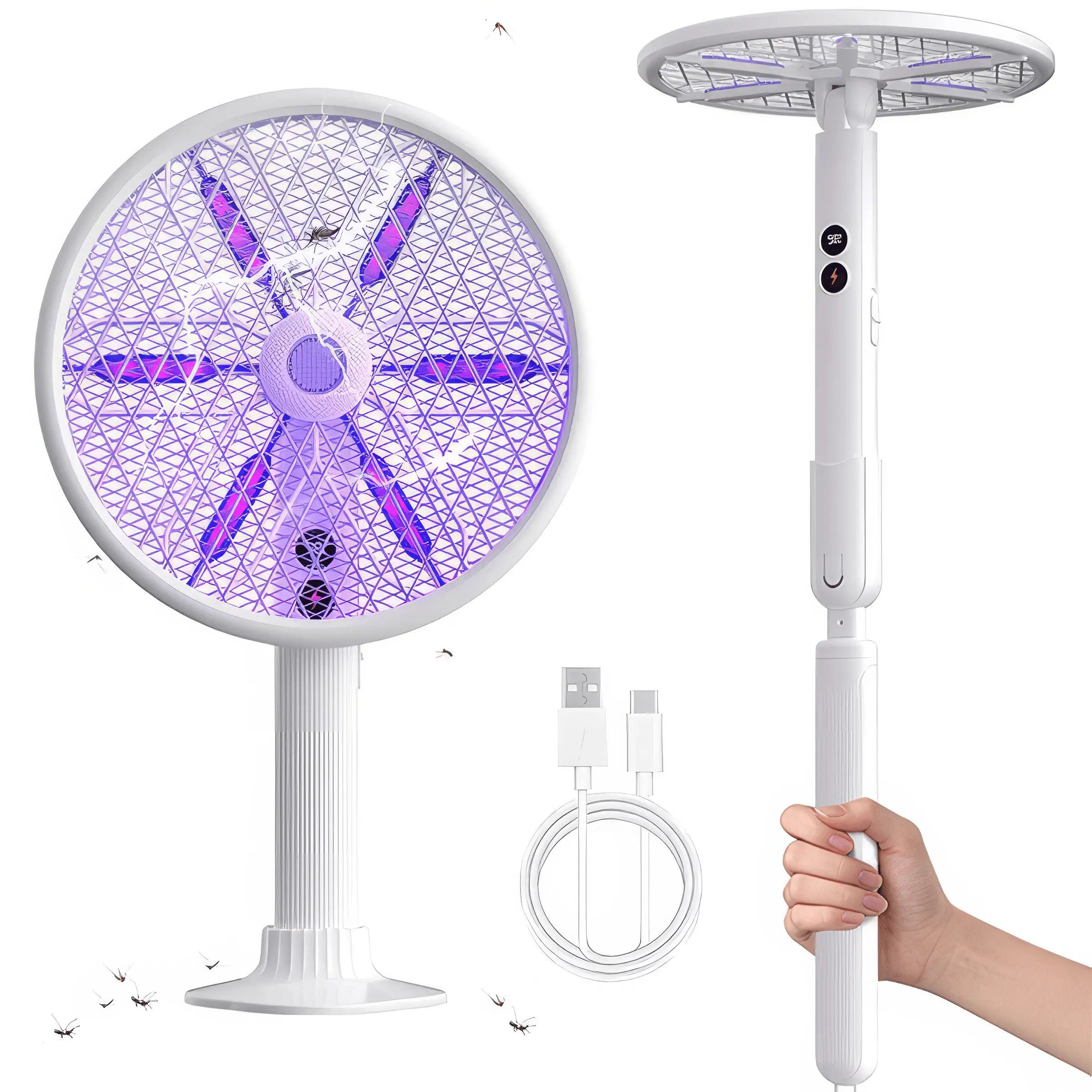 WINDLAB Rotating Head Electric Fly Swatter Racket Rechargeable Bug Zapper Racket Bug Zapper Indoor Fly Zapper Mosquito Zapper Flies Killer for Indoors, with a Telescopic Extension