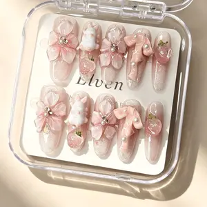 Handmade Pink Glitter Press On Nails - Ombre with 3D Flower, Bunny & Strawberry Charms, Long Round Reusable Fake Nails, Salon Quality