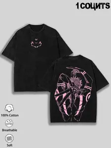 Vintage Washed Unisex Loose T-Shirt with Jujutsu Kaisen Graphic Print, Double-Sided Design, 100% Soft Cotton, Ideal for Anime Fans & Street Style