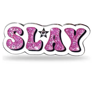 SLAY Enamel Cheer Pin - 2" x 0.75" Hard Enamel with Pink Glitter Letters & Faux Diamond Star Accent - Shiny Silver Plating - Butterfly Clutch Attachment