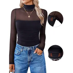 Women's Sexy Mock Neck Mesh Top Sheer Long Sleeve Ruched T-Shirt Slim Fit Blouse Solid Color Clubwear Going Out Tops Elegant Tee