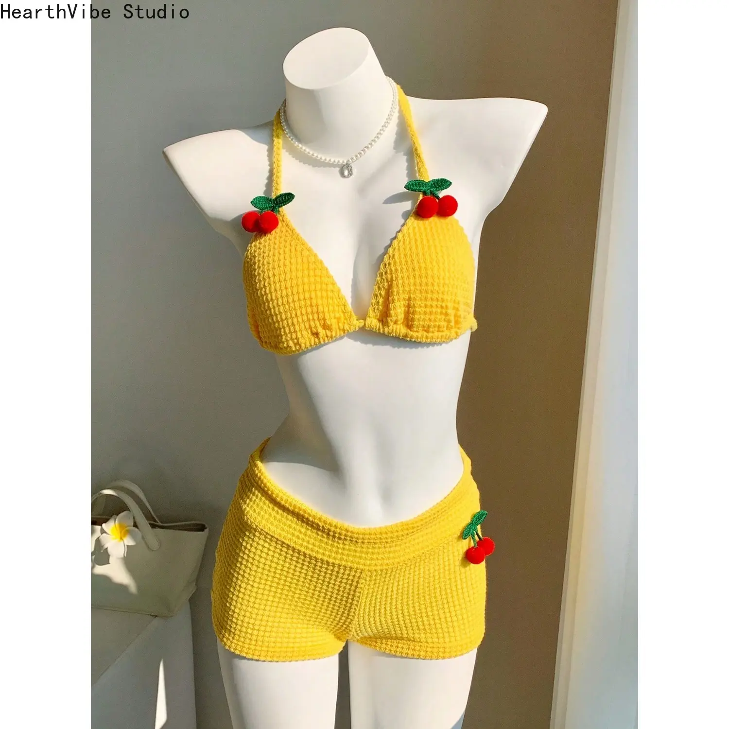 Women's 2-Piece Tankini Swimsuit, Kawaii Halter Neck Crochet Knit Top with Cherry Decoration for Vacation Sports, Two Piece Set, Tankini Swimsuits