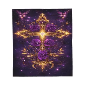 Christian Cross Blanket Christ Cross Purple Rose Butterfly Decor Religion Throw Blanket Gifts for Girls Boys Warm Soft Plush Fleece Flannel Bedding Blankets for Adults