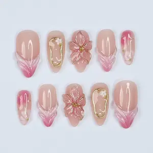 Blush Bloom Elegance Press On Nails with 3D Floral Accents, Gold Details & Pink Ombre, Suitable for Wedding