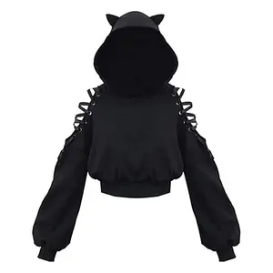 Womens Cat Ear Hoodie Sweatshirt Long Sleeve Sweater Off Shoulder Cat Cute Crop Top Hoodies Pullover(Sheets)