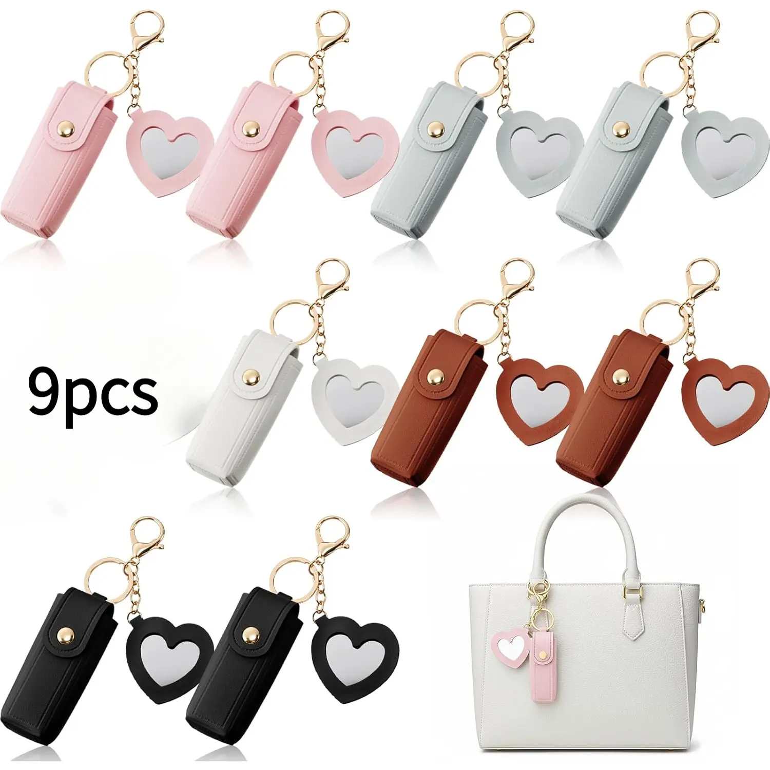 Stylish Heart Design Keychain for Women, 9-Piece PU Leather Lipstick Holder Pouch with Mirror, Waterproof Card Holder for Purse, Keychain For Purse, Stylish Keychain