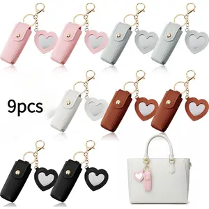 9pcs Lipstick Holder Keychain PU Portable Holder with Heart Mirror Waterproof Makeup Lipstick Bag Key Pockets Zipper Pouch Card for Women Pouch(Classic)