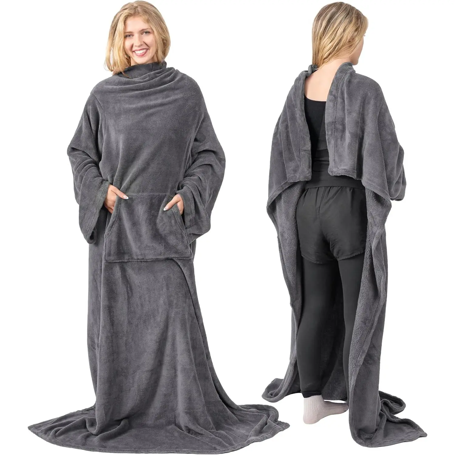 Blanket with Sleeves for Adult Women Men, Soft Warm Wearable Blanket Fleece Wrap Throw, Robe Blanket