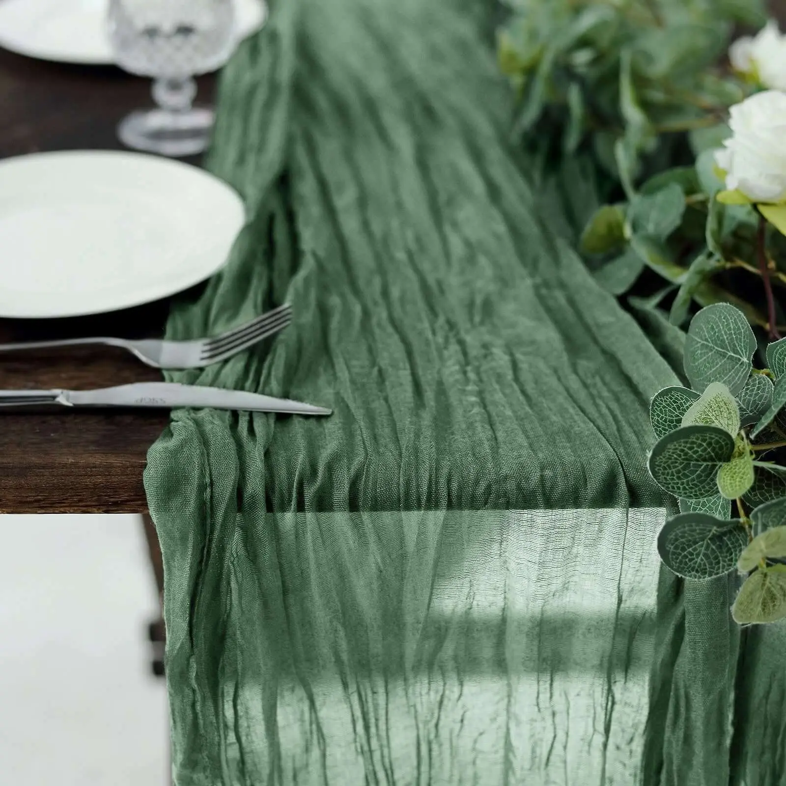 Textured Gauze Cheesecloth Table Runner, 10ft Olive Green - Rustic Boho Style for Wedding Decoration