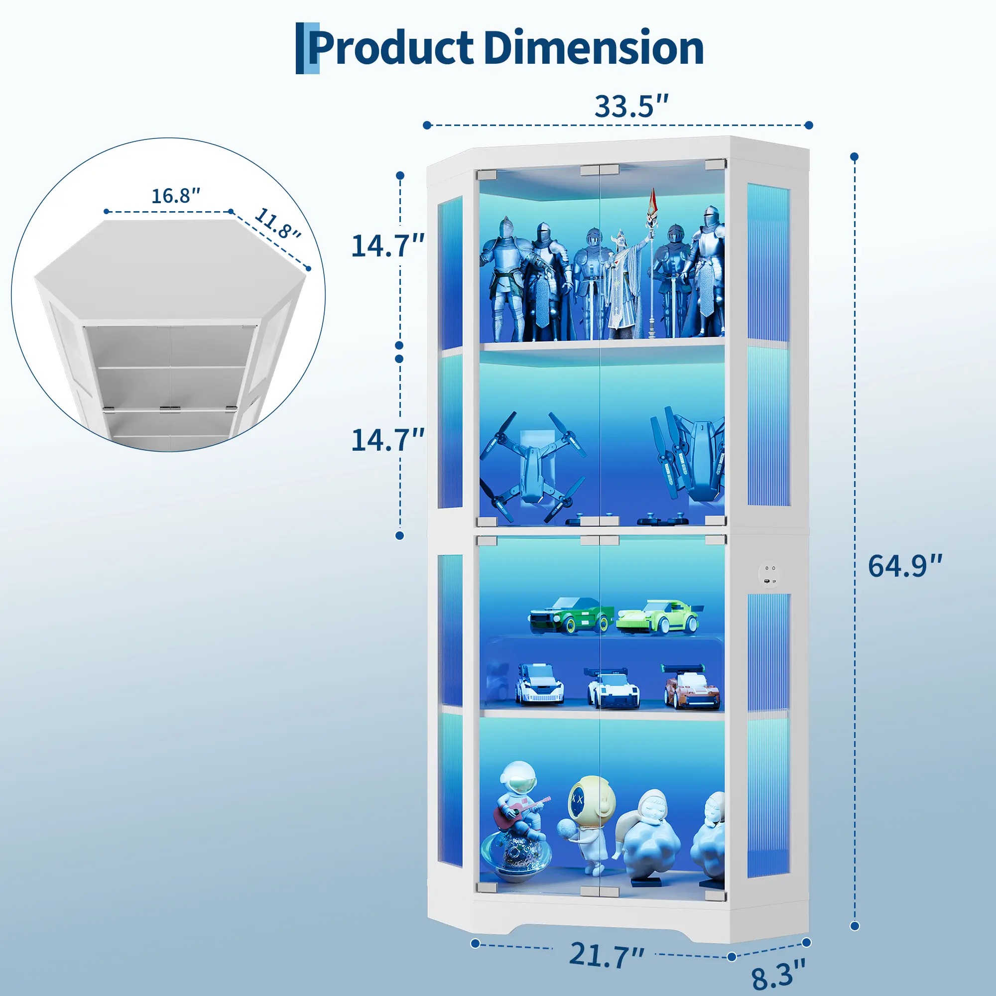 Modern Glass Corner Display Cabinet – 4 Tiers, Glass Doors, 3-Color LED Lighting, Motion Detector, Charging Ports – Showcase for Living & Dining Room