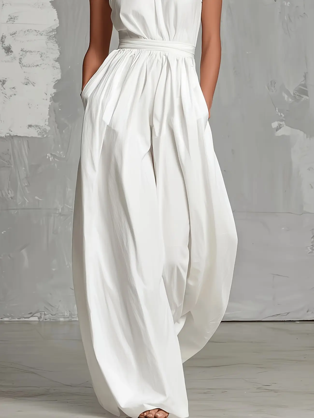 Women's Elegant White Jumpsuit, Sleeveless Halter Neck Formal Pantsuit with Wide-Leg Pants, Pockets, and Belted Bow Back, Zipper, Accessories, Style, Elegance, High Neck, Overalls, Casual, Piece, Wedding, Office To Dinner, Cold Wash