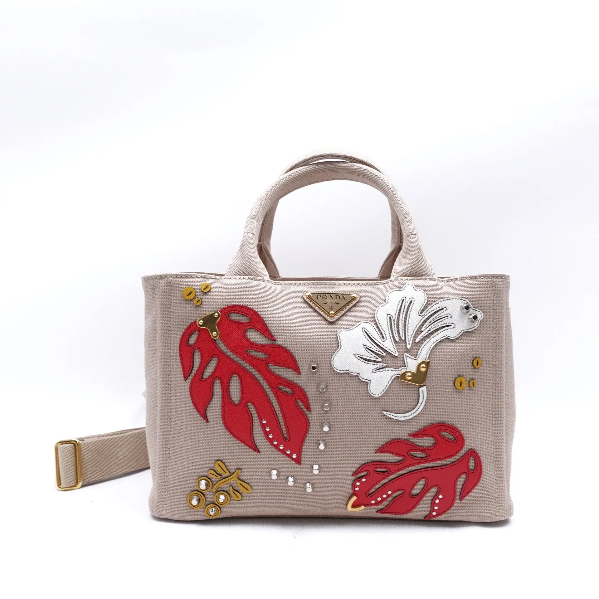 Pre-owned PRADA canvas Tote Bag Beige Floral Applique T10422563