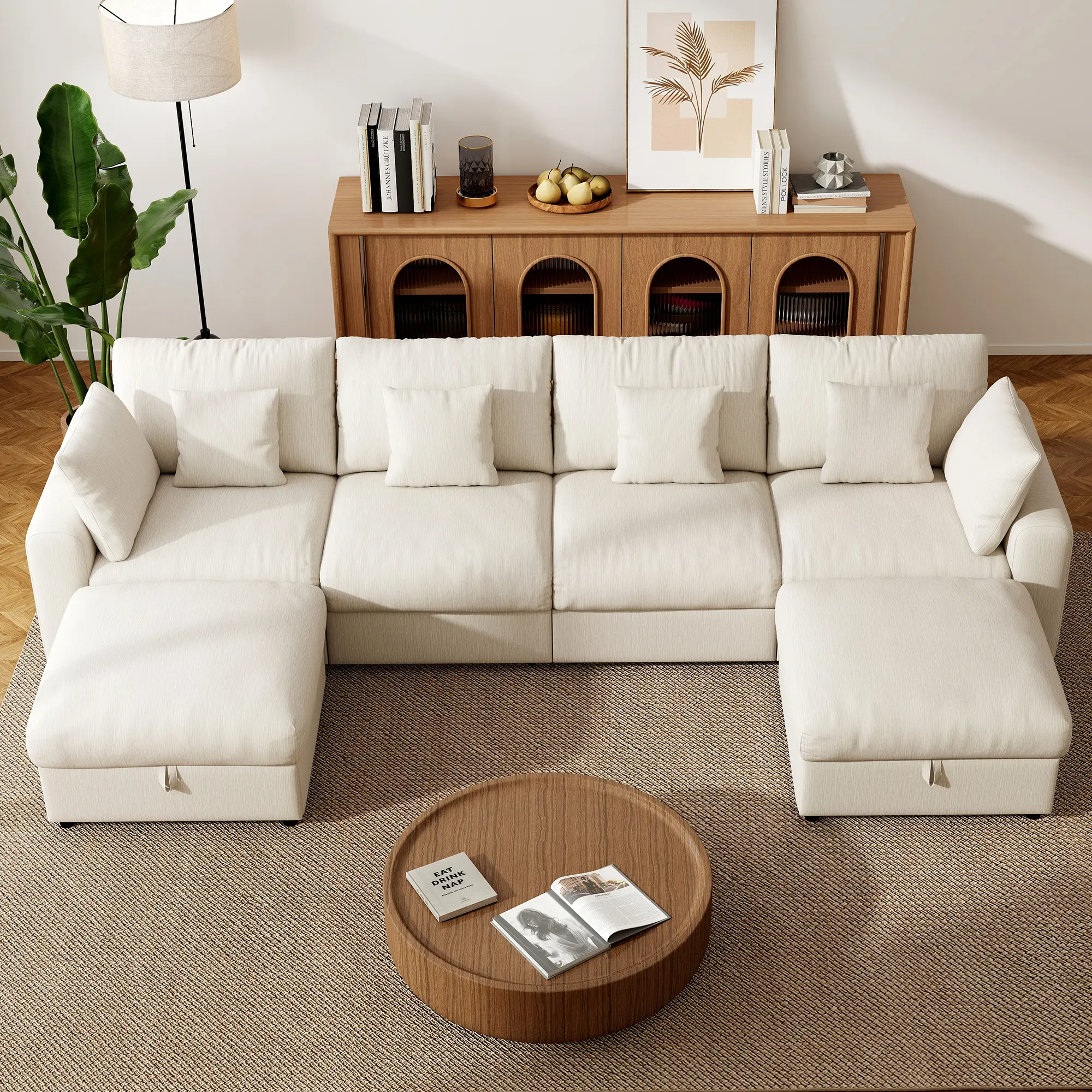GuroMagicSofa 140" Extra Large Modular Sectional Cloud Sofa with 2 Removable Storage Ottomans, Extra Deep Seat Couch, Chenille Beige Indoor Living Room Sectional Couch Furniture, Sofas Living Room