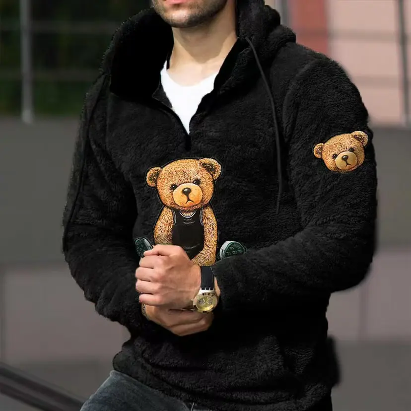 Men's Cartoon Bear Embroidery Pocket Fuzzy Hoodie, Fitted Casual Long Sleeve Hooded Sweatshirt for Fall & Winter, Men's Clothes for Daily Wear