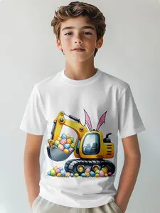 Easter Bunny Excavator T-Shirt, Fun Rabbit Ear Digging Egg Print, Boys Casual Short Sleeve Tee, Spring Fashion