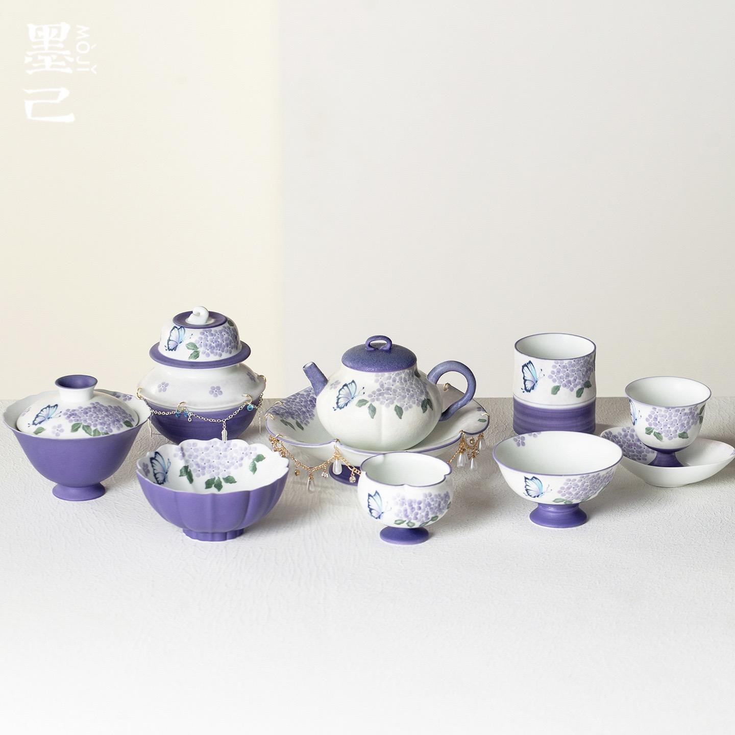 A433. Hand-Painted Purple Butterfly Ceramic Tea Set, 100 ml Kung Fu Teapot, Gaiwan Master Cup
