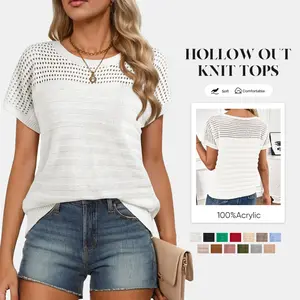 Summer Acrylic Knitwear Tops Women's Casual Round Neck Short Sleeve Eyelet Hollow Out Fitted Minimalist White Blouse Cute Tops for Women - Knitting, Basic, Womenswear, Shortsleeve,summervibes