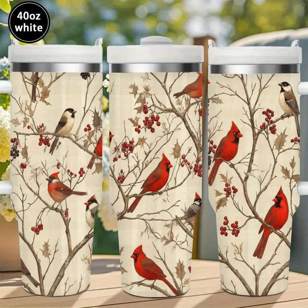 Cardinal Red Berry Pattern Insulated Tumbler with Lid and Straw - 12oz/20oz/40oz Vacuum Insulated Water Bottle, Ideal for Coffee/Tea/Iced Drinks, Winter Gift for Adults, Perfect for Office Use, Water Bottles, Flasks, Garden