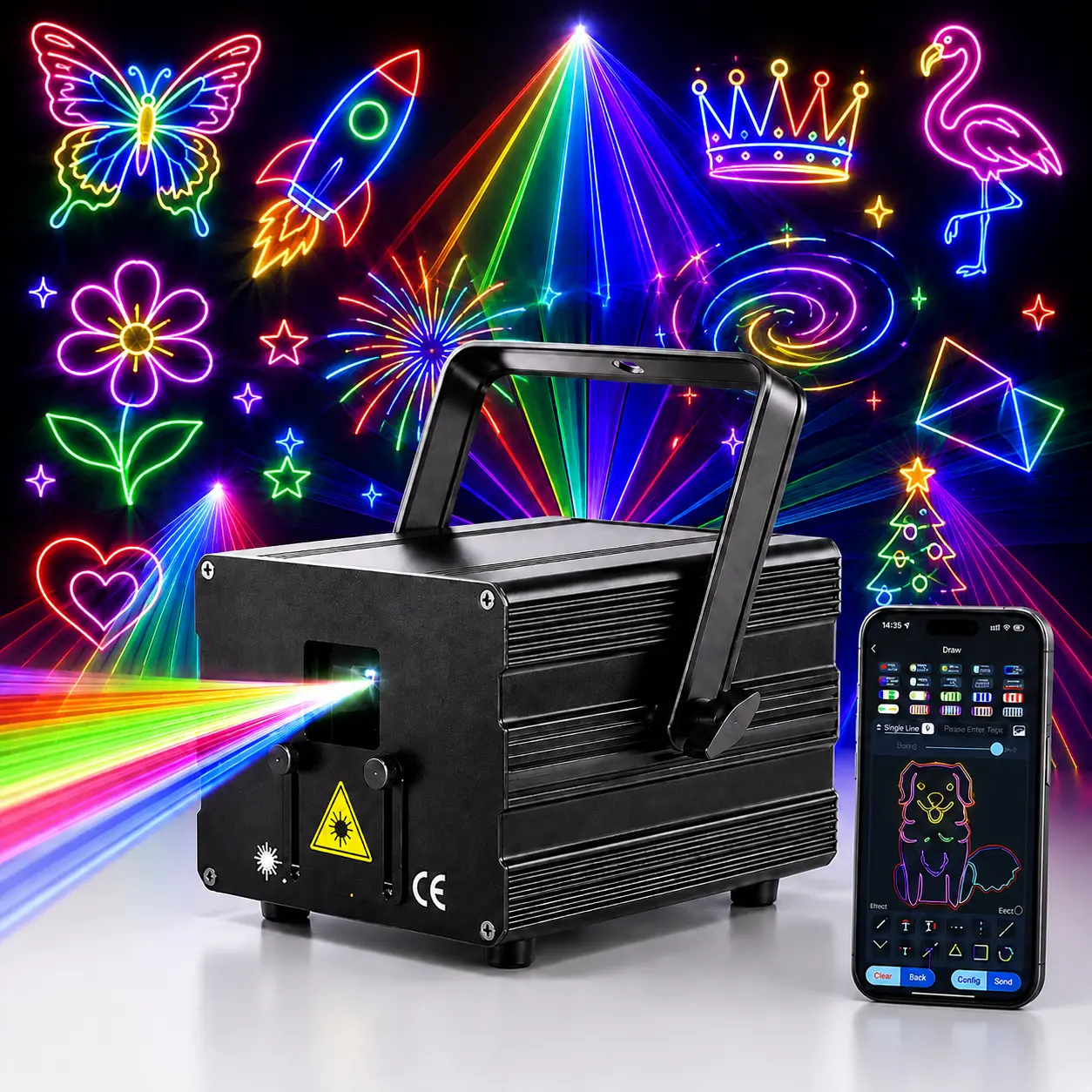 APP Controlled RGB DJ Laser Party Light, Full Color Stage Projector with Custom DIY Text, Drawings, Animation & 1000+ Patterns, Sound Activated DMX Lighting for Home Party, Disco, Club, Bar, Wedding, Birthday, Halloween and Christmas
