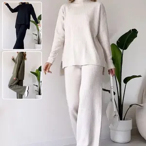 Turtleneck Knitted Suit Loose Split Design Long-sleeved Top And Straight Trousers Fashion Casual Solid Set Women's Clothing Womenswear Comfortable Fabric Polyester