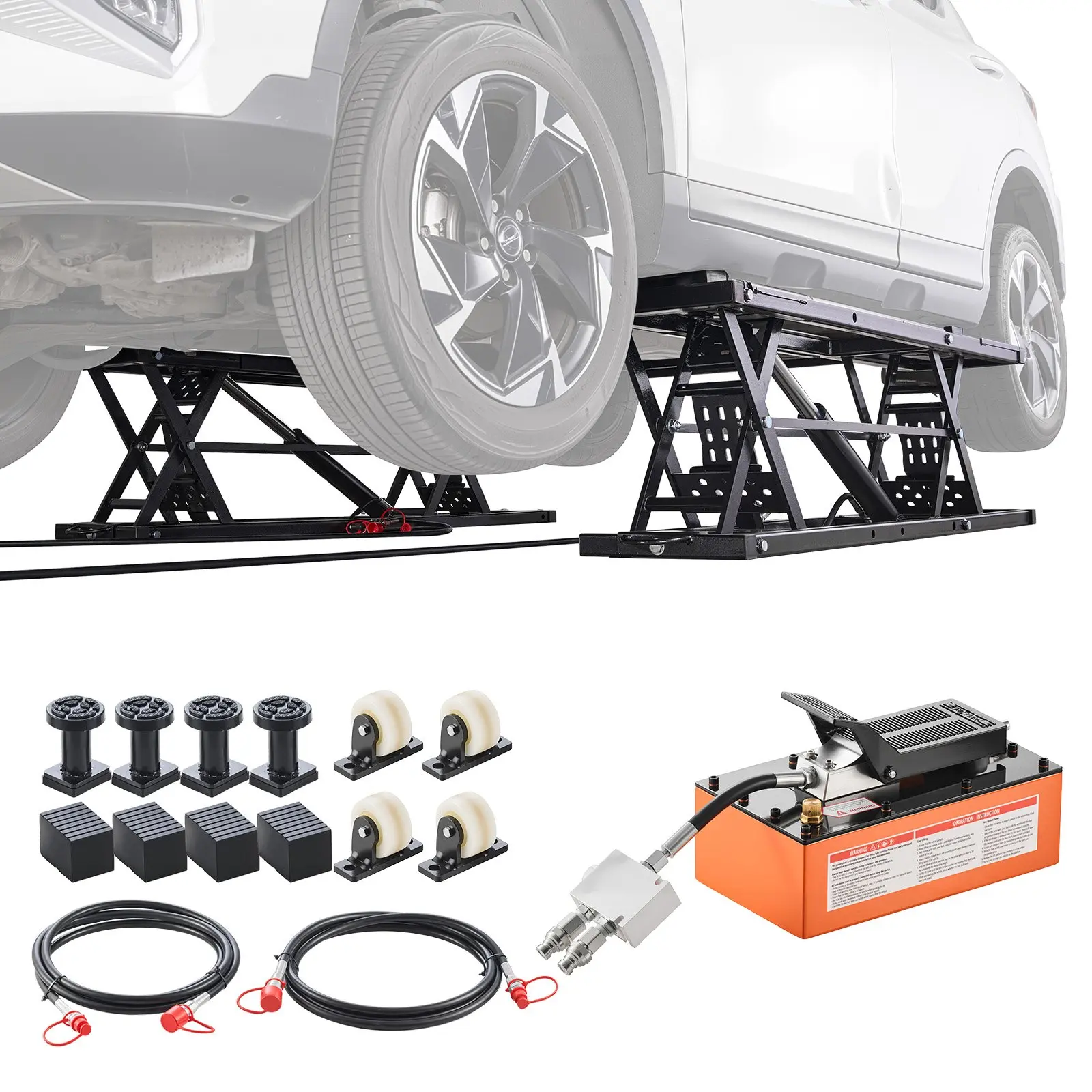 VEVOR 5000 lbs Capacity Portable Car Lift, Heavy Duty Quick Pneumatic Pump Lift for Vehicles, 4 Lifting Columns, 4 Rubber Pads, Wheels, 25.6" Max Height for Cars, Compact SUVs, Mini Trucks, Garage Use