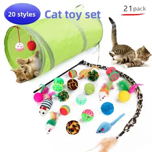 Interactive 21Pcs Cat Toys Kit Collapsible Cat Tunnel Feather Wand Plush Mouse Variety Pack for Indoor Cats Rechargeable Livestock Prod with Flexible Shaft pet stuff dog pepper spray dog bugs detector reverse slow feeder shaped harness silicone k9