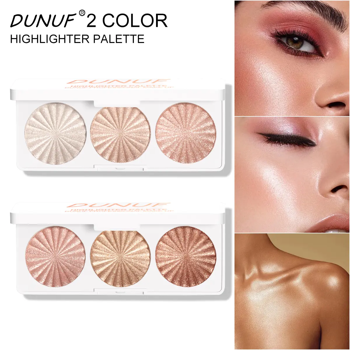 DUNUF 2 Sets 3 Shades Shimmer Highlighter Palette, Glitter Metallic Face Body Illuminator Powder, Buildable Radiant Glow Bronzy Champagne Highlight Makeup Kit, Viral TikTok Brightening Contour Highlighter for All Skin Tones