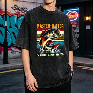 Master Baiter Fish Men's Vintage Washed T-Shirt Master Baiter Fish Design Print Oversized Graphic Tee Outdoor Casual Short Sleeve