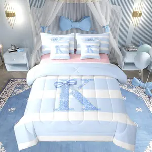 Kawaii Bow 7 Piece Bedding Set Monogram Letter K Comforter Setsy Blue Bowknot Sheet Set Women Bedroom Decor Personalized Initial Stripes Bed In A Bag