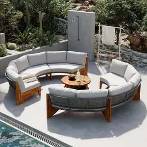 3-Piece Outdoor Sofa Set for 6, 2 Semi-Circle Sofas + Acacia Wood Coffee Table, pool furniture Weather-Resistant Patio Couch Set, Comfortable Garden & Backyard Furniture