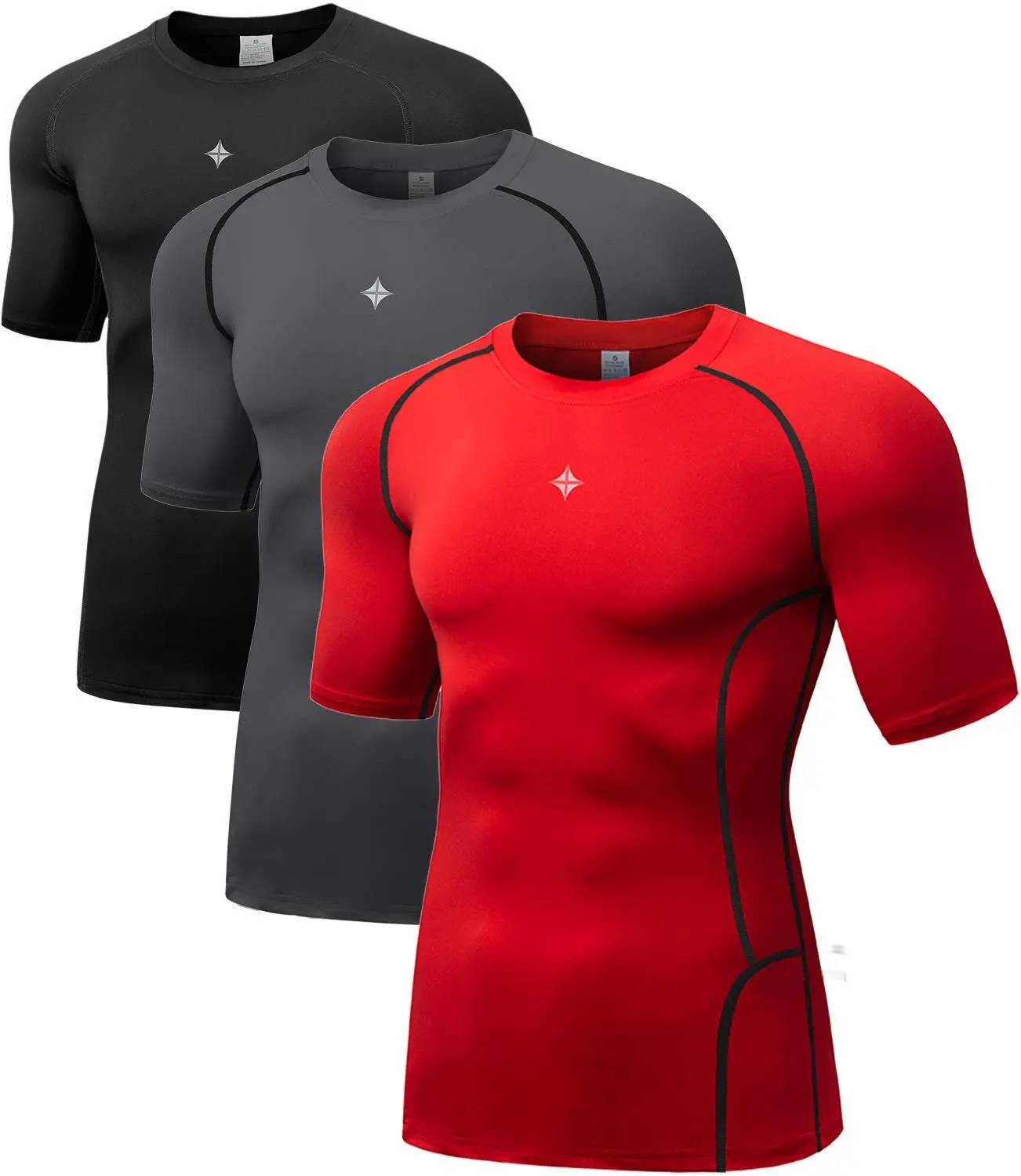 Men's 3-Pack Compression Shirt: Dry Fit, UPF 50+, Short Sleeve Baselayer for Gym, Running, & Basketball