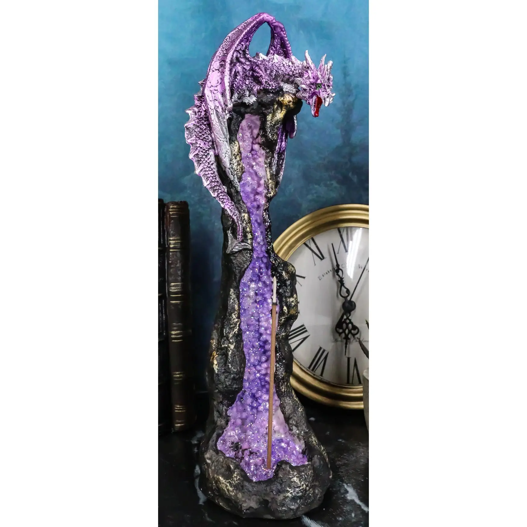 Purple Dragon Geode Rock Gemstone Quartz Pillar Incense Burner Figurine, 10.5" High 3.5" Wide, Crystals with Shiny Glitter Components & Sparkling Faux Geode Crystals, Home Decor Statue