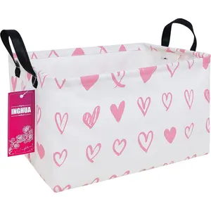 New Upgrade Rectangular Storage Basket Fabric Organizer Bin For car storage Toys,Books,Clothes,Gifts,Pets-Perfect for Home,Office,Nursery,Dorm,Shelf(Rec-Pink hearts )