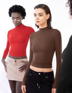 PUMIEY Women's Long Sleeve T-Shirt Mock Turtleneck Slim Fit Tops Sexy Basic Tee Casual Skinny Longsleeves Comfort T-Shirt for Women Summervibes summerwins