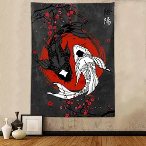 Japanese Yin Yang Koi Fish Tapestry, Cool Red and Black Anime Sakura Art Tapestries Vertical Wall Hanging for Men Bedroom Living Room Office Decor 40X60", Asian Cherry Blossoms Poste