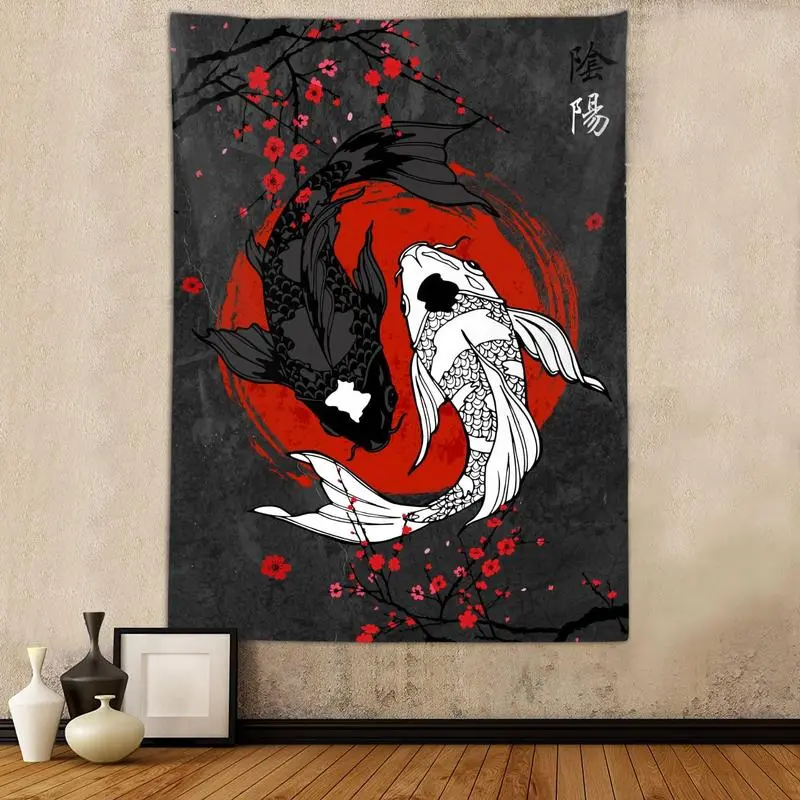 Japanese Yin Yang Koi Fish Tapestry, Cool Red and Black Anime Sakura Art Tapestries Vertical Wall Hanging for Men Bedroom Living Room Office Decor 40X60", Asian Cherry Blossoms Poste summerwins Chinese Diy Decorative,family,uv,last,suitable