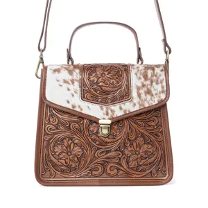 Duchess Hairon Handtooled Flap and Button Leather Satchel in Mocha Cream
