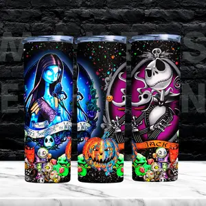 Jack and Sally Skellington Tumbler, 20oz, 30oz Stainless Steel Tumbler, Features Sublimation Design, Great for Halloween Lovers, Includes Spooky Oogie Boogie Details