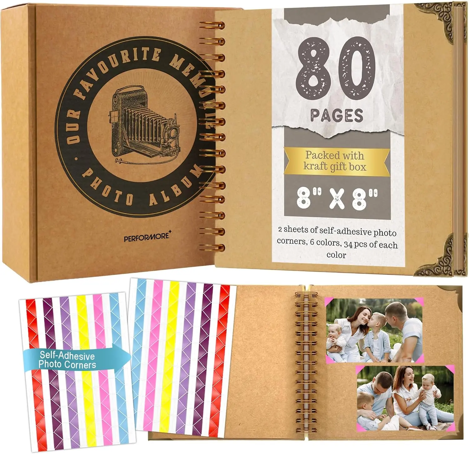 8x8 Scrapbook Photo Album, 80 Blank Pages, 200 GSM Hardcover Kraft, Spiral Bound, Metal Corners, Gift Box - Junk Journal, Collage Book, Guest Book for Wedding, Baby, Travel, Anniversary - Performore