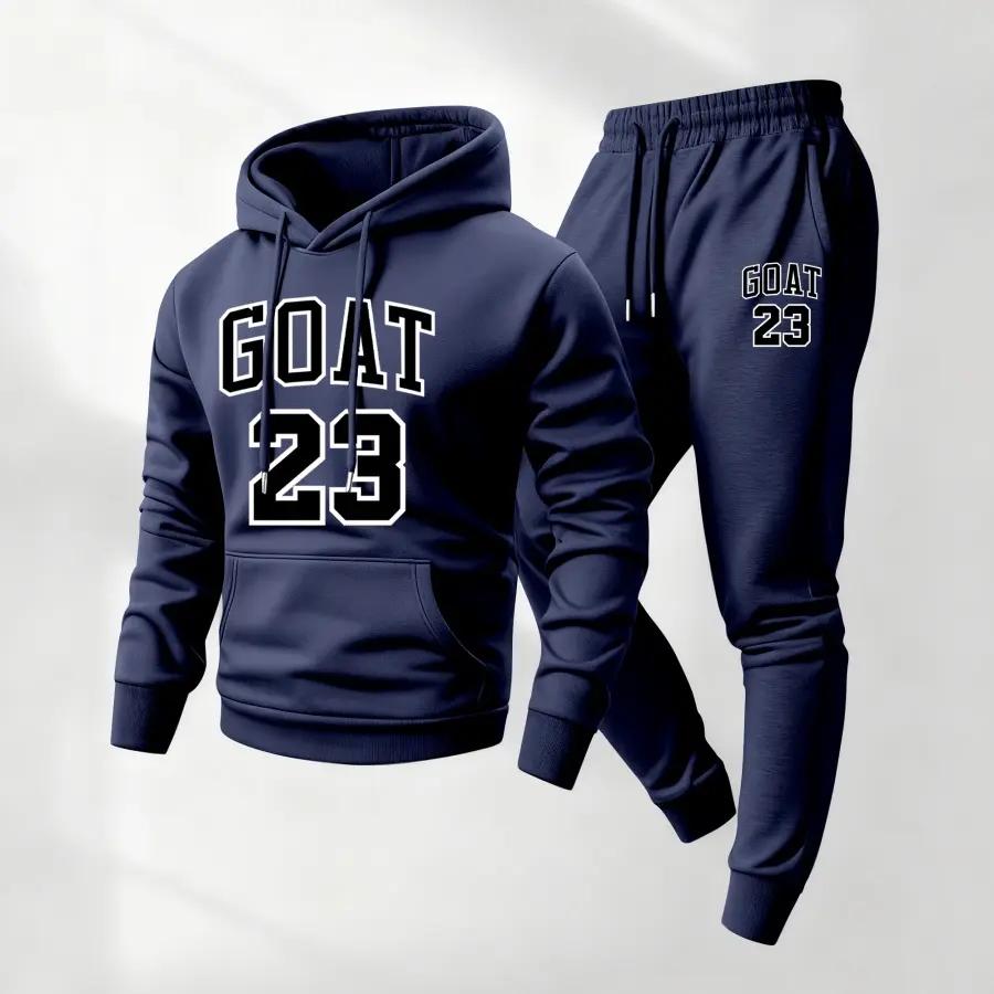 Men's Goat No.23 Printed 2-Piece Hooded Sweatshirt & Drawstring Sweatpants Set - Polyester Fabric Longsleeves Mensfashion Casual Athletic Tracksuit for Fall Winter Daily Wear, Casual Fit, Home‑To‑Outdoor