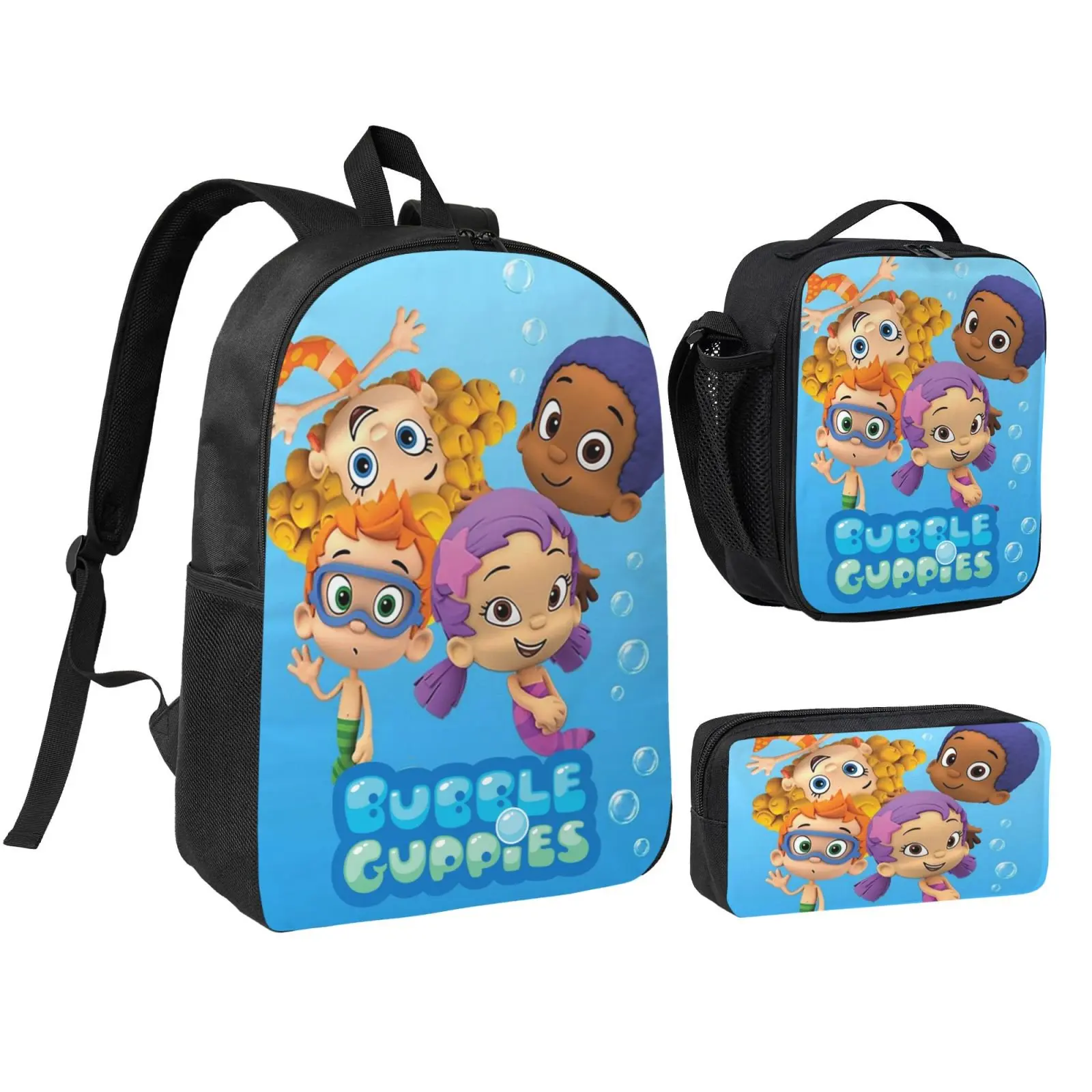 Bu-bble CuteGuppies Backpacks 3pcs Set Laptop Shoulder Bags Casual Daypack Lunch Bag Pencil Pouch Travel Hiking