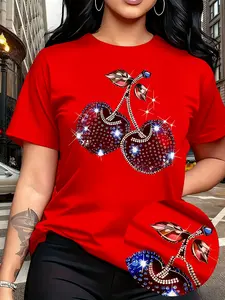 Glamorous Red 100% Cotton Women's Short Sleeve T-Shirt with Sparkly Rhinestone Cherry Graphic Perfect for Parties Casual Dates and Daily Urban Fashion