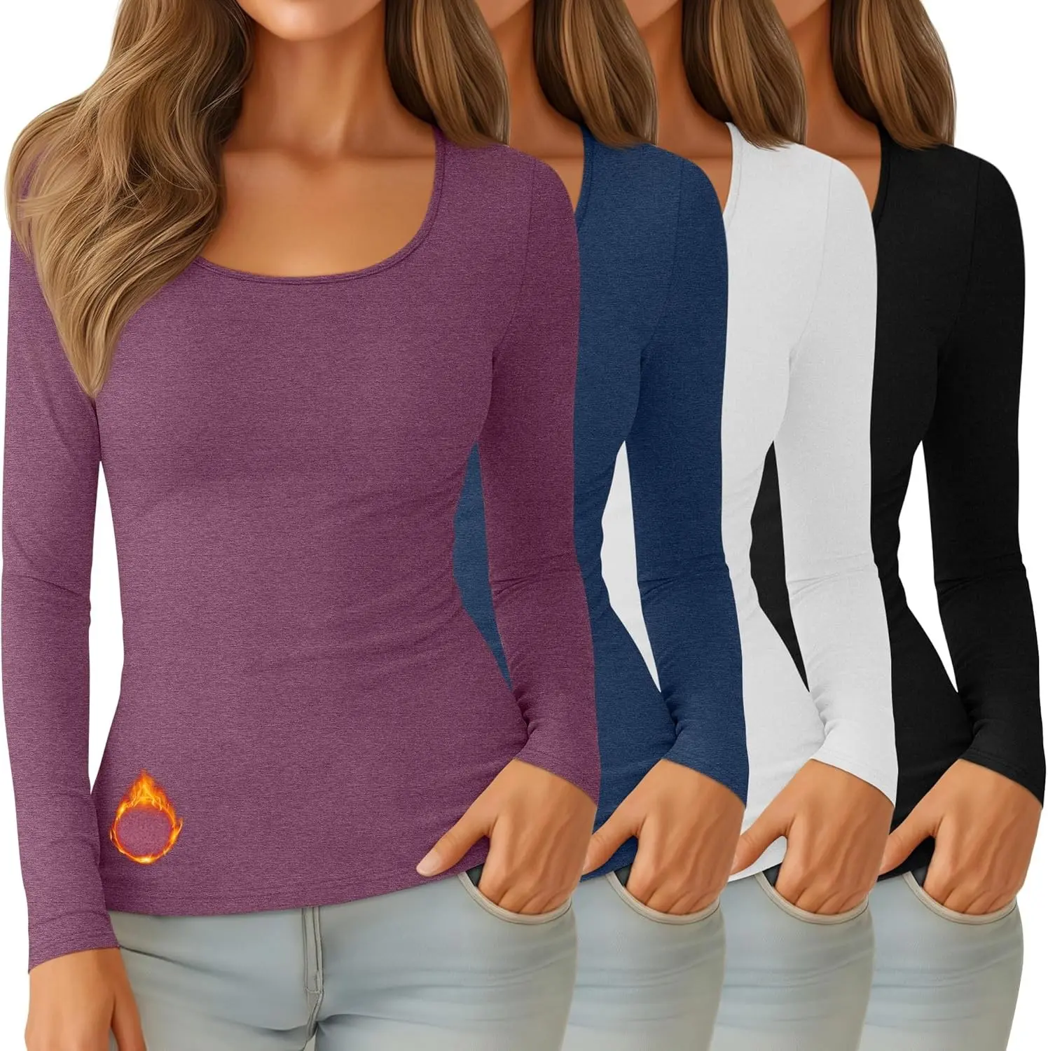 4 Pack Women's Thermal Shirt Fleece Lined Long Sleeve Scoop Neck Top Undershirt Fitted Winter Base Layer Underwear