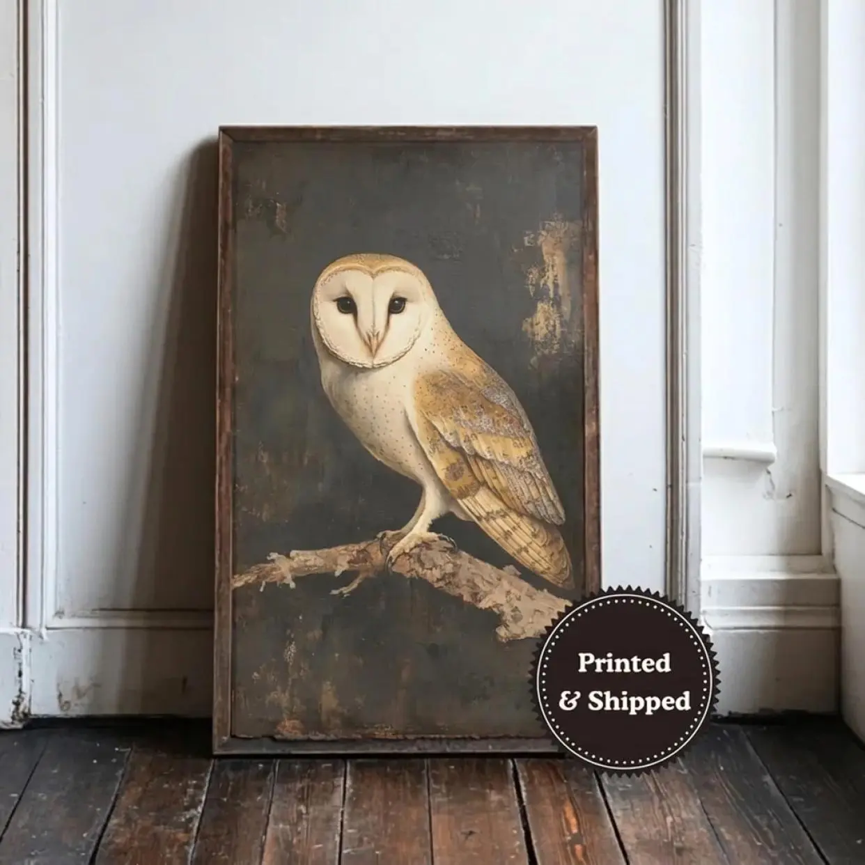 Vintage Owl Wall Art, Dark Academia Home Decor, Moody Nature Poster, Neutral Gothic Bird Print, Wildlife Painting Printed and Shipped, Comfortable Stretch, Moves with You, Easy to Wear, Just Throw It On