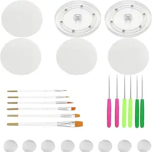26 Pack Complete Cookie Decorating Kit | 2 Acrylic Turntable,6 Scribe Needle,4 Silicone Mesh Mats,6 Brushes and 8 Rubber Feet Bumpers