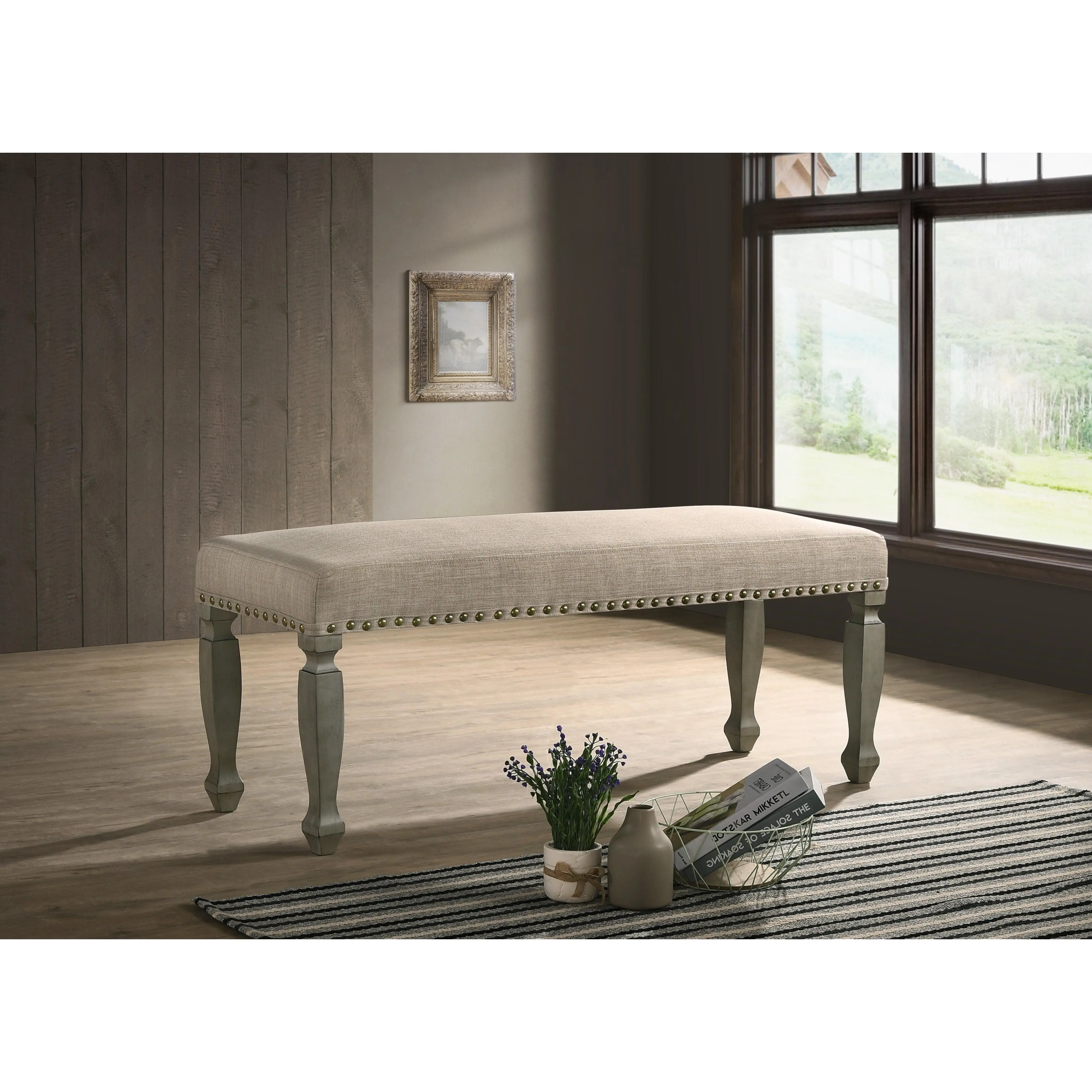 Breda Antique Gray Finish Upholstered Nailhead Bench Breda Antique Gray Finish Upholstered Nailhead Bench