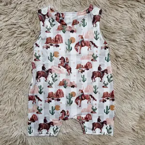 Sleeveless cactus rodeo gingham printed romper western baby boy summer clothes