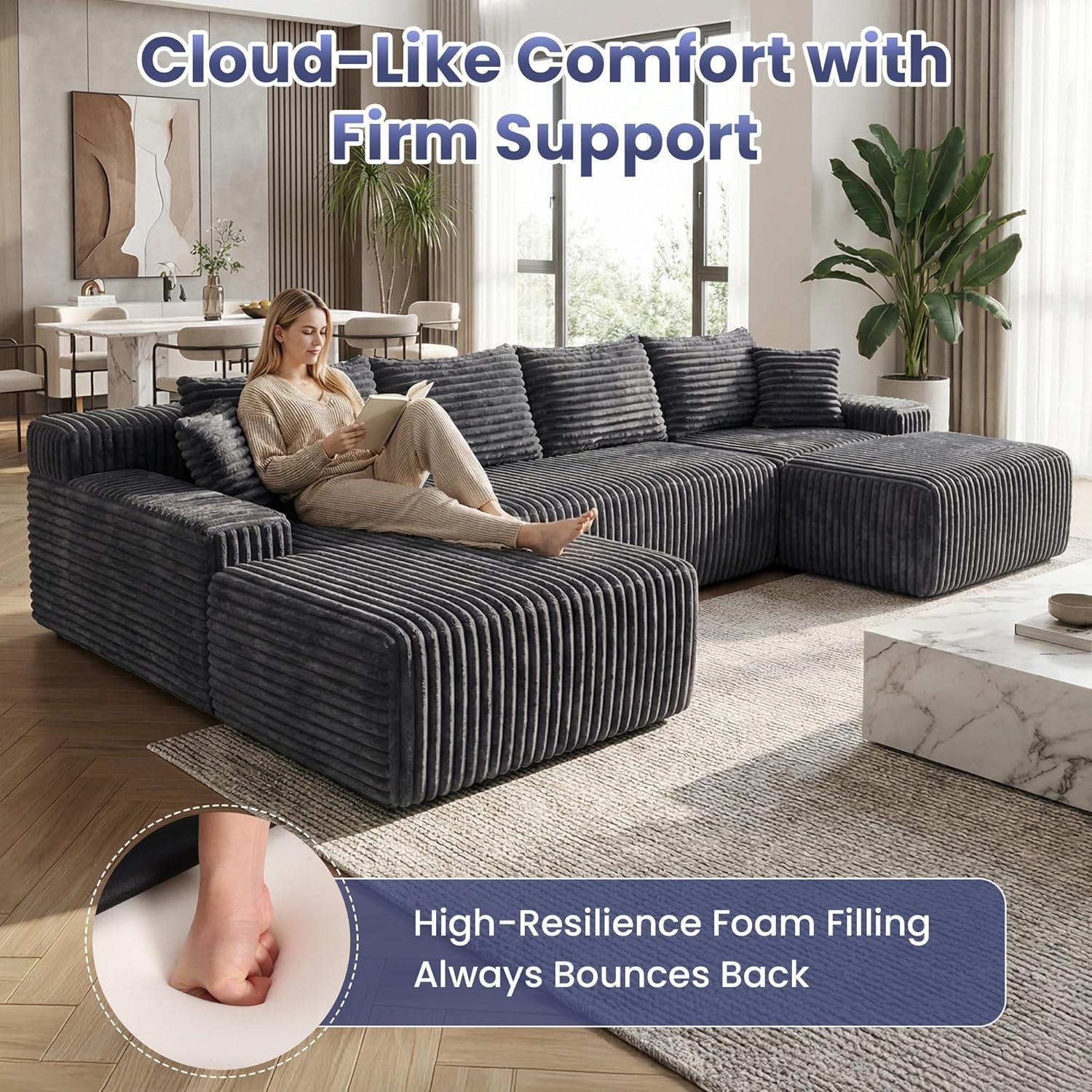 winzoo couch 126" Cloud Sectional Couch for Living Room, Oversized 6 Seat Convertible Modular Sectional Sofa Bed with High Back Ottoman, Plush Corduroy U Shaped Boneless Couch Compression Sofas, Grey