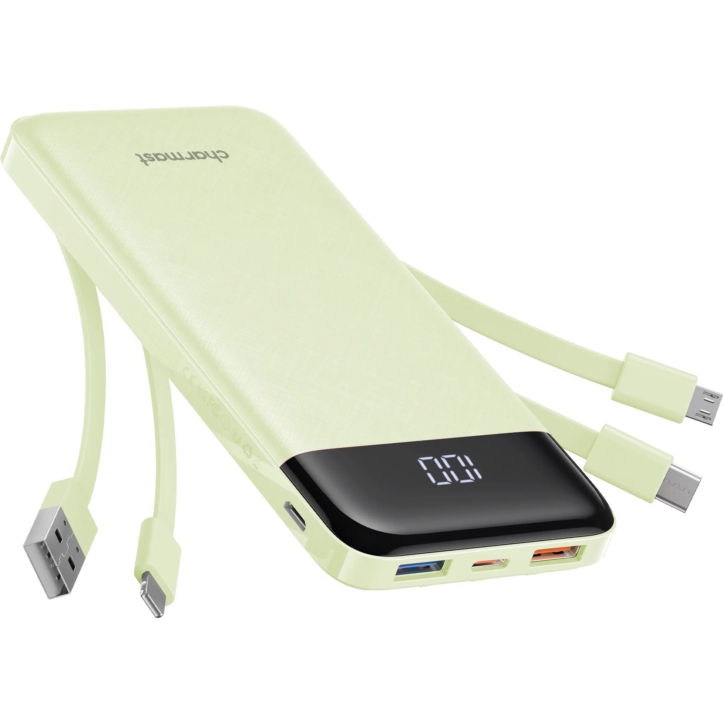 Charmast Ultra-Slim 10000mAh Portable Charger with Built-in Cables ，featuring 6-output & 3-input fast charging, compatible with all smartphones, table